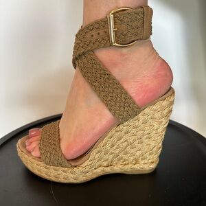 Stuart Weitzman Braided Espadrille Wedge Sandals in Tan